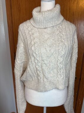 Altar'd State Cream Cable Knit Fuzzy Cropped Turtleneck Sweater
